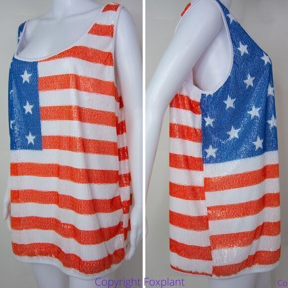 NEW Ashley Stewart Sequin American Flag Scoop Neck Tank, Red, White and Blue, 3X - Picture 4 of 16